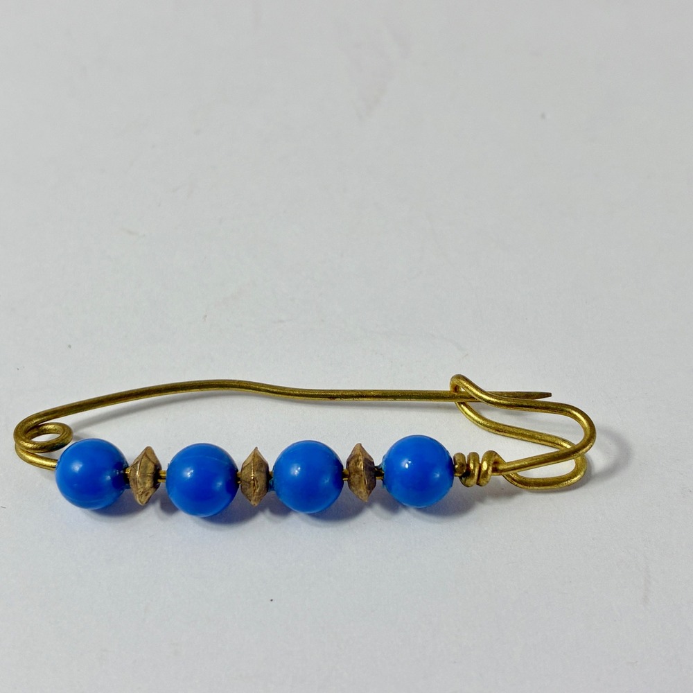 VTG  Blue Beaded Brass Safety Pin Flamenco Shawl Pin Brooch Scarf Accessory